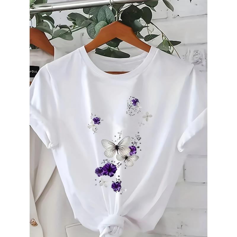 

Women s White Purple Butterfly Floral Star Print Tee Round Neck Short Sleeve Stretch Spring Summer Fall Machine Washable Sporty Top 4XL білий