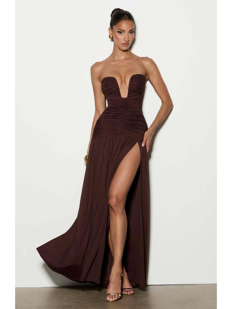 European-Style Strapless Pleated High-Slit Open-Back Evening Gown