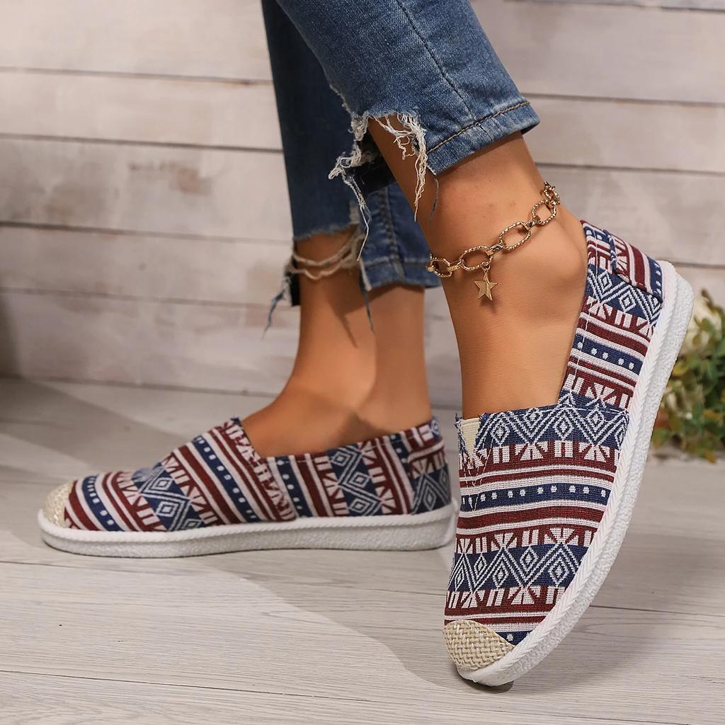 Fashion Women Slip on Flats Print Flat Bottom Light Mesh Lazy Fisherman Shoes Canvas Breathable Flat Women's Single Shoes