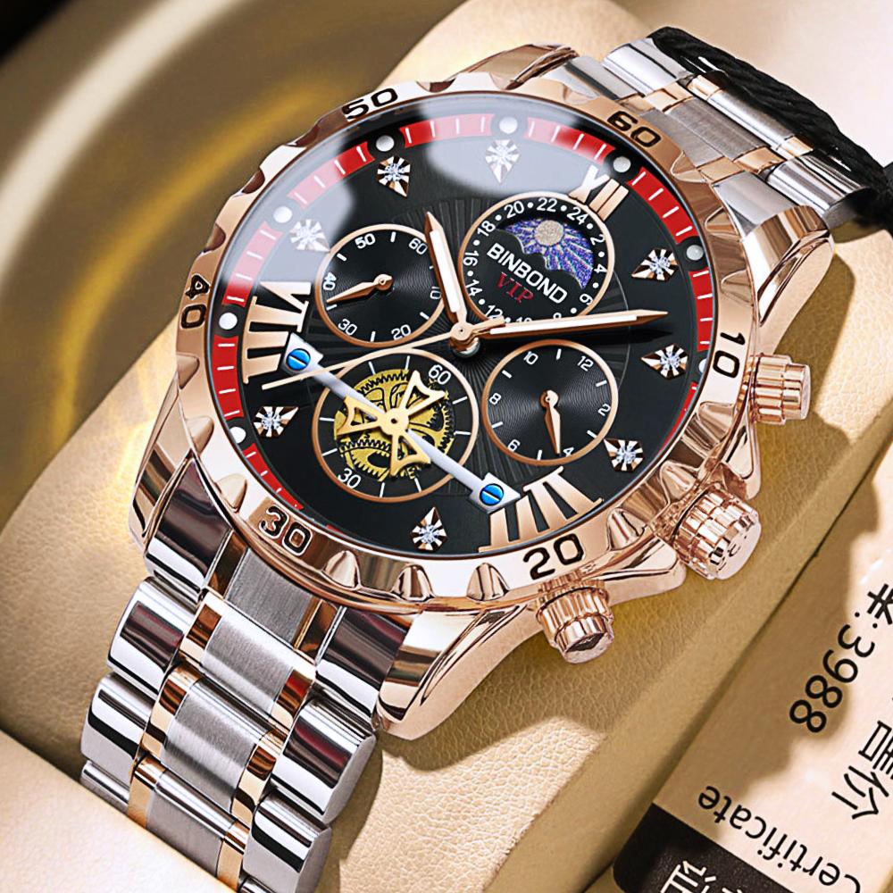 

BINBOND Lurury Мужские часы Тренд Мода Оригинальные Кварцевые часы для Мужчин Стиль Маховика Хронограф Водонепроницаемые Часы с Лунной Фазой розового золота/красный