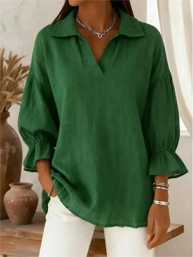 2025 Retro Casual Linen Shirt with Polo Collar and Lantern Sleeves