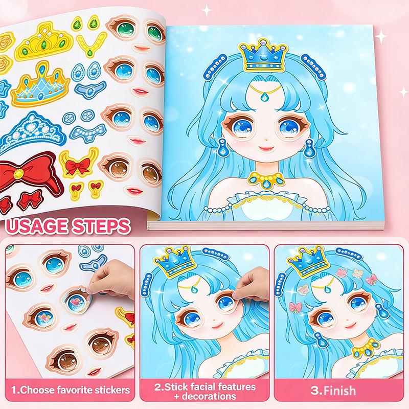 Cartoon Princess Puzzle Stickers 15 Pages Make A Face Stickers For Girls Handicrafts Creative Kids Costume Stickers Toy Reusable
