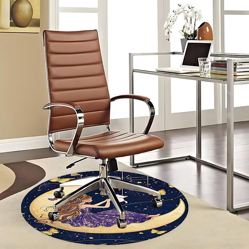 1pc Anime Design Round Carpet Office Chair Mat with Girl, Cat, Butterflies, Stars, Moon Festival Gift for Home Decor