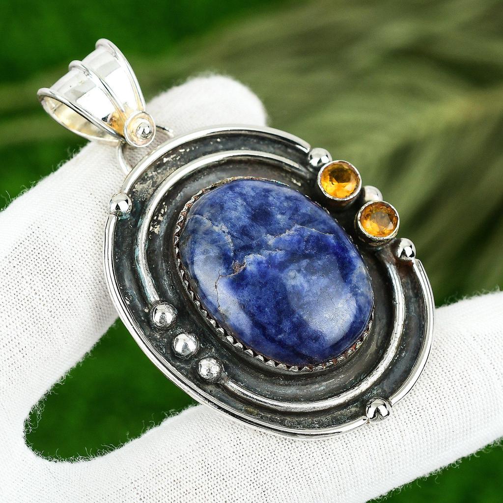 Friendship Day Sale Natural Sodalite Citrine 925 Silver Mother Pendant Jewelry