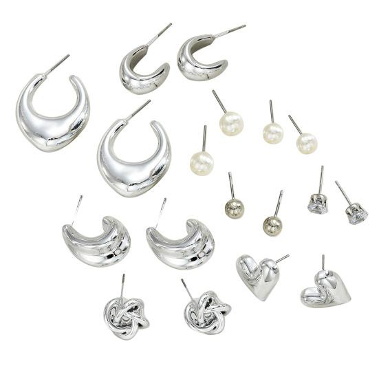 

9 Pairs Hoop Earrings Bright Silver Mirror Polished Hearts Cubic Zirconia Faux Pearls Geometry Design Party Date Earrings