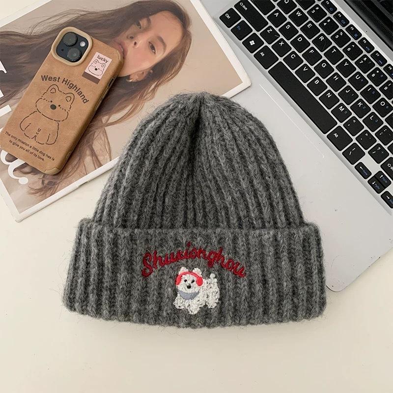 Cute Cartoon Puppy Hat for Women Korean Version New Autumn and Winter Embroidered Knitted Woolen Hat for Men  Warm and Versatile