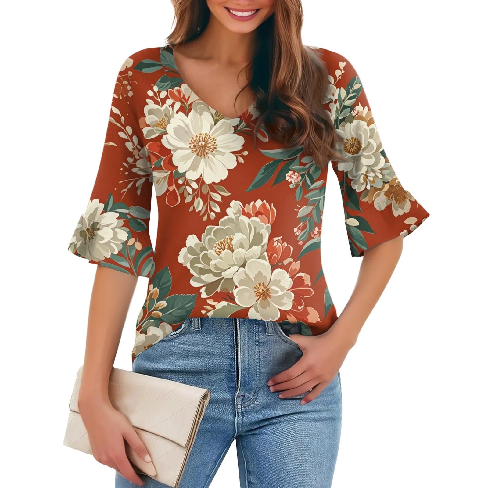 

Женская повседневная модная футболка с V-образным вырезом, свободная, для поездок на работу, с цветочным принтом и рукавами-пятью точками L циан