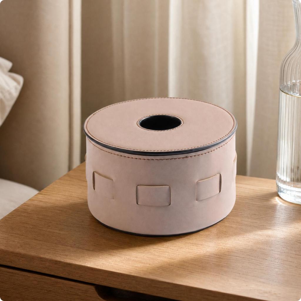 Half-PU Leather Tissue Box Versatile Cylindrical Tabletop