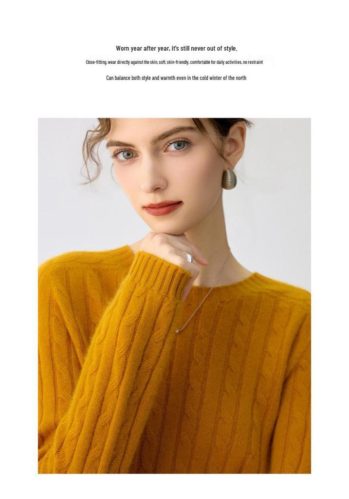 Women's Autumn/Winter Cable Knit Round Neck Pullover Sweater, Long Sleeve, 7-Gauge.