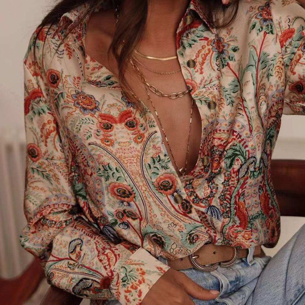 Women s Bohemian Floral Printed Long Sleeve Turn Down Collar Button Down Shirt Casual Blouse Top S