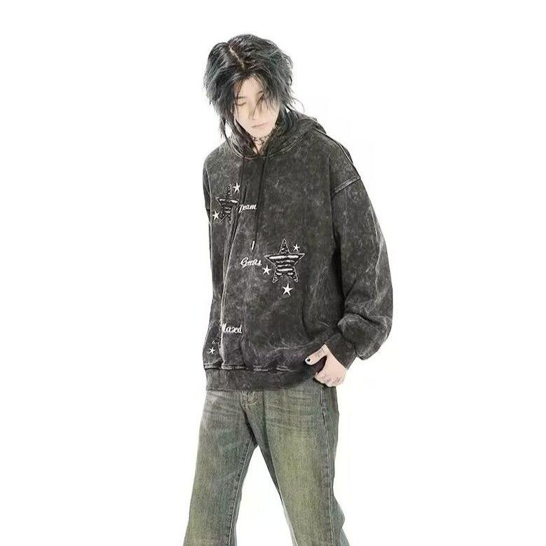 American Style Star Printed Washed Hooded Sweatshirt Couples Hip-hop Loose Casual High Street Y2K Hoodies Male Clothes