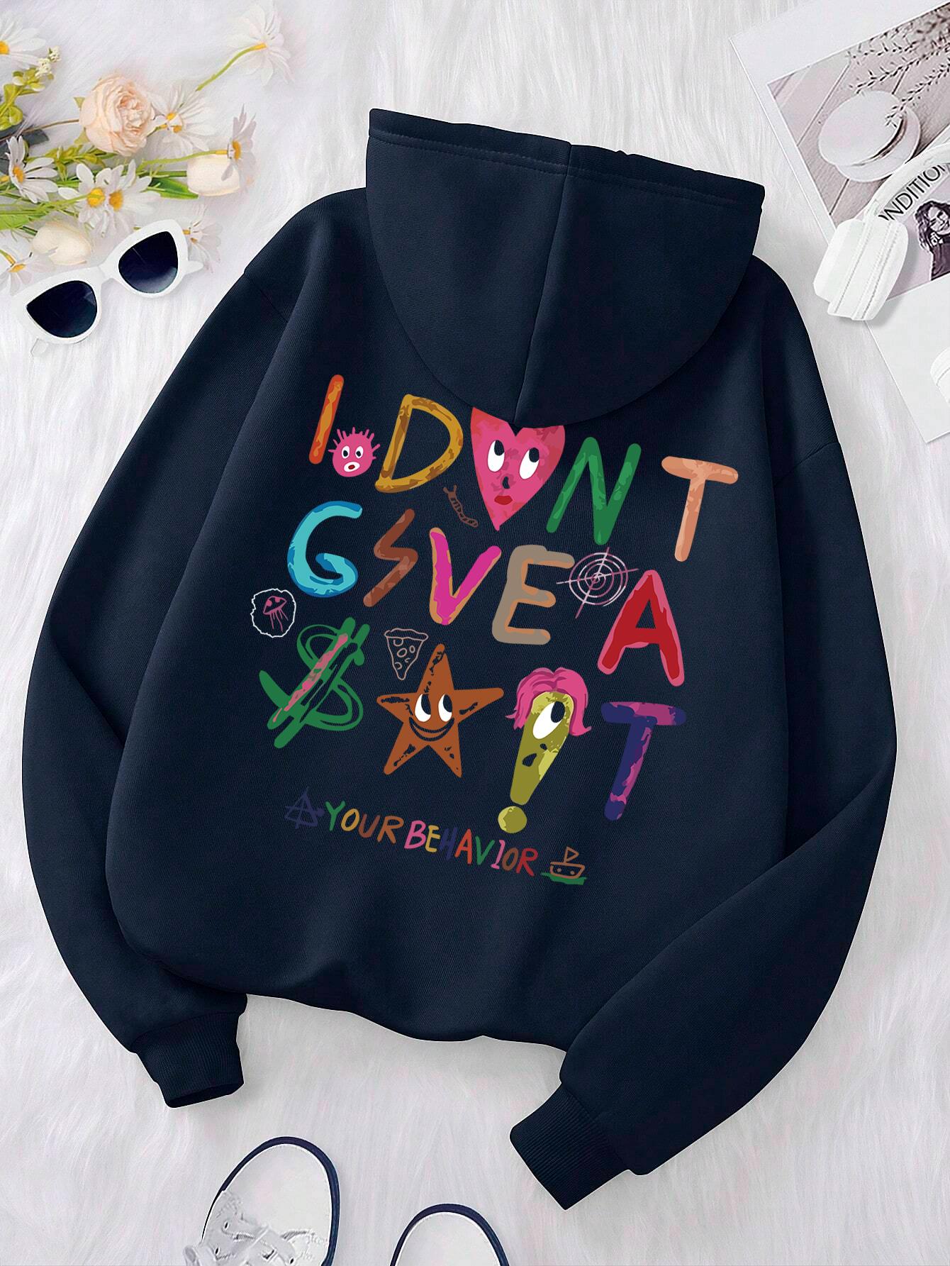 

I don t Gsvea Sait Your Be Havior Funny Letter Womens Hoody Korean Fleece Sweatshirt Crewneck Hooded Street Oversize Clothes 3XL