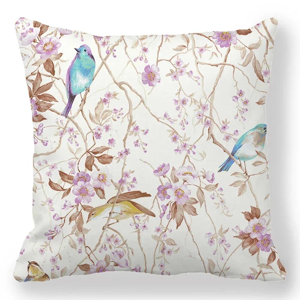 Flower Printing Throw Pillow Covers Vintage Oil Painting Birds Floral Square Cushion Cover Pillowcases for Sofa Home Decor 45cm