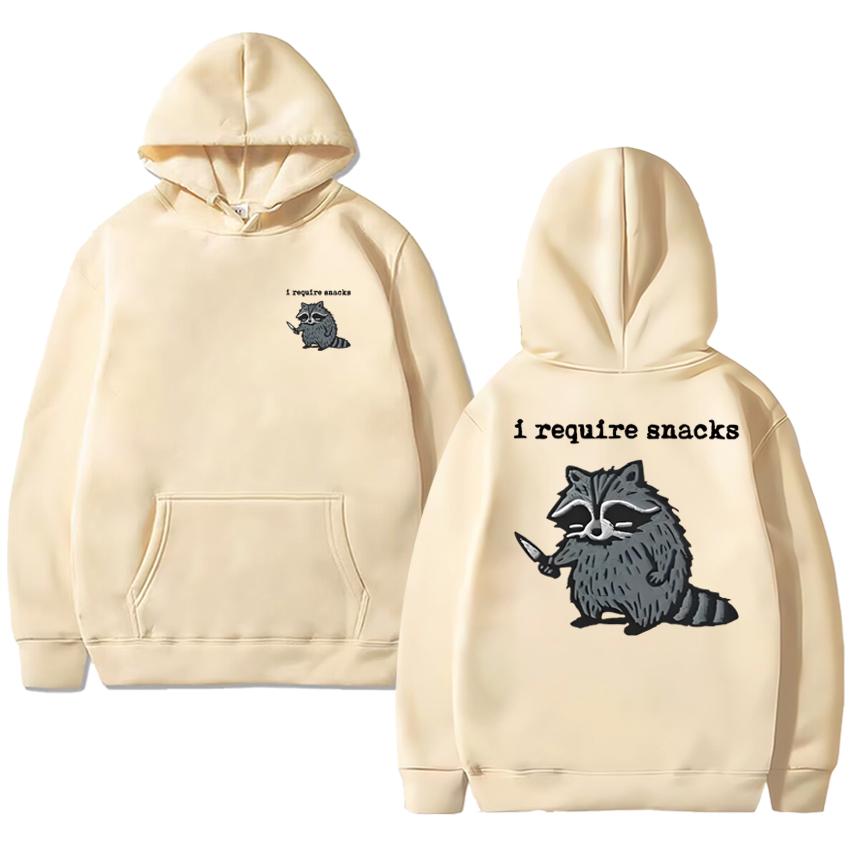 2025 Neu harajuku Ich brauche Snacks Waschbär Doppelseitiger Druck Sweatshirt Herren Damen Fleece Lässiger Pullover Unisex Lustiger Hoodie