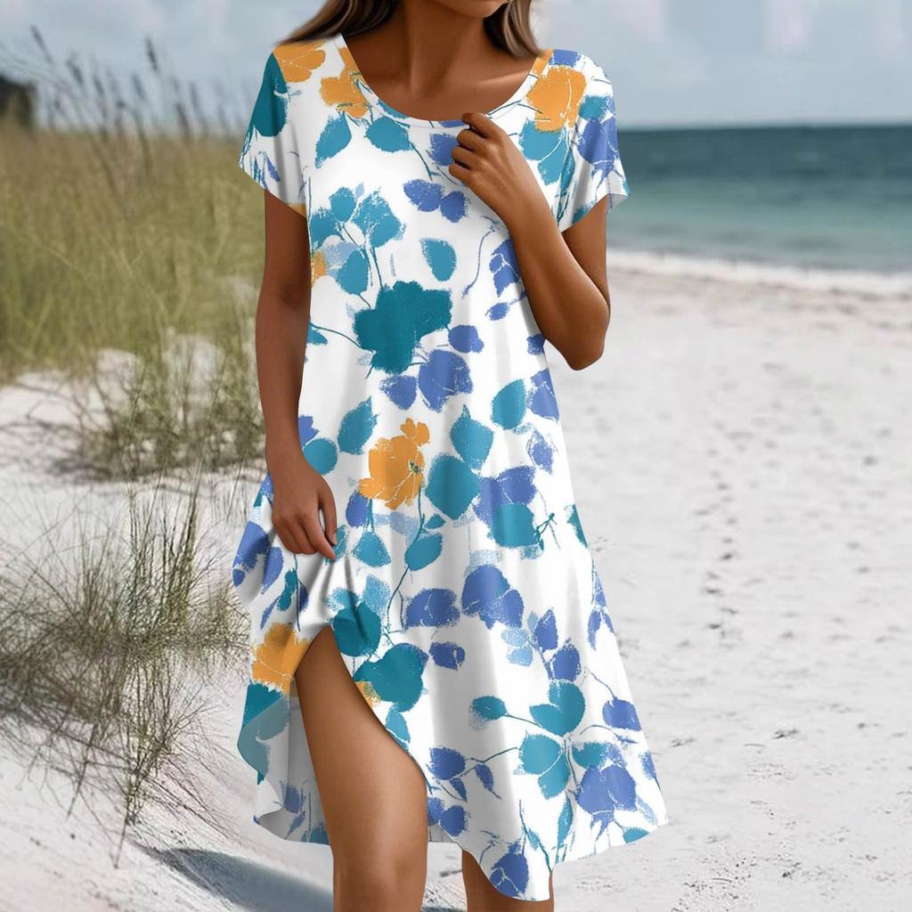 Women's Summer Short Sleeve Round Neck Floral Print Bohemian Dress With Pockets