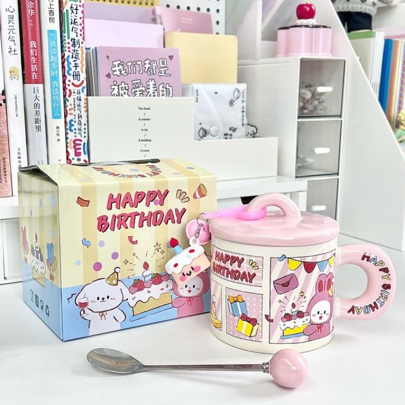 Cute cartoon mug girl gives girlfriend birthday gift puppy cake ceramic cup couple water cup with lid spoon