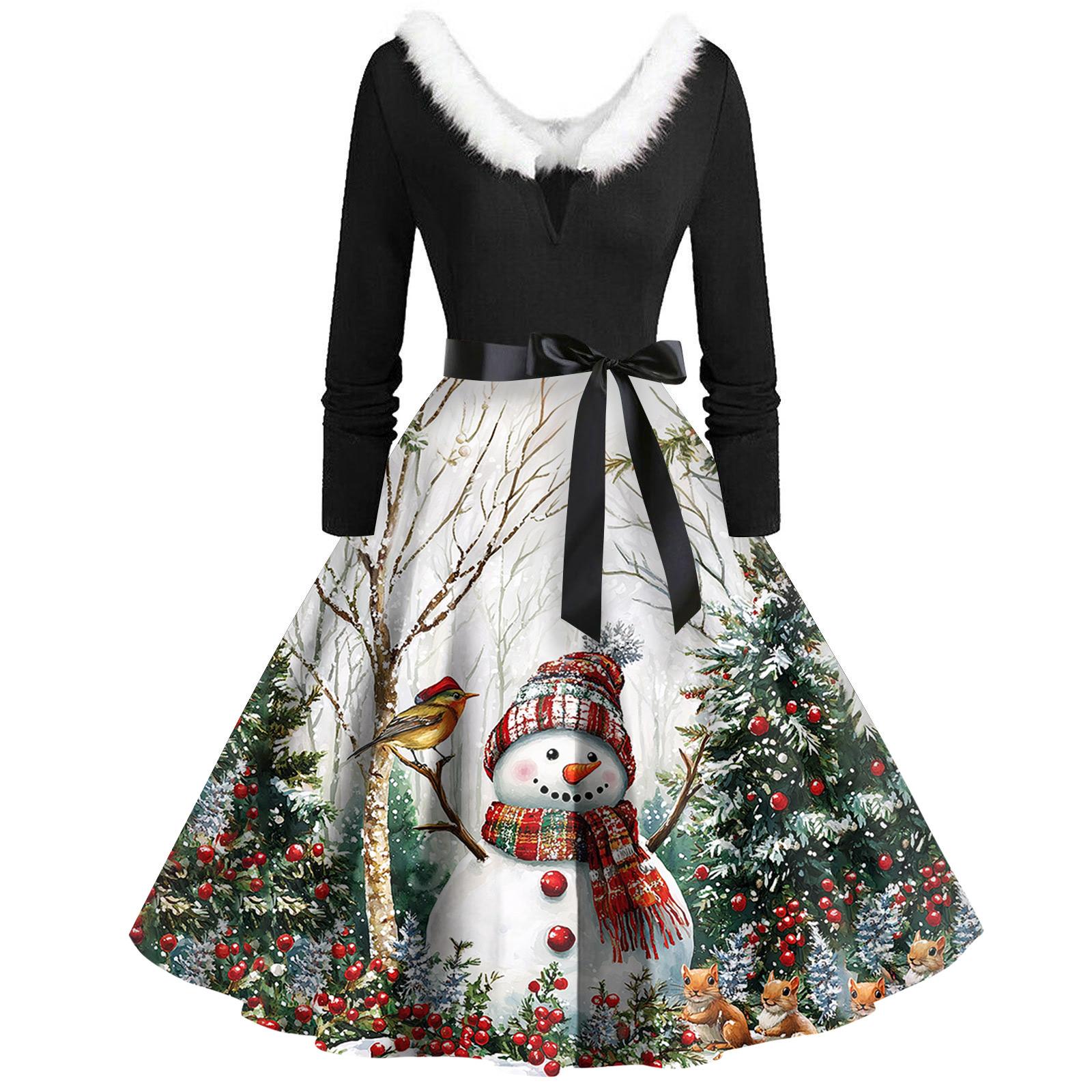 

Рождественский принт расклешенное платье для женщин платье с длинным рукавом полые вечерние повседневные платья L зелёный