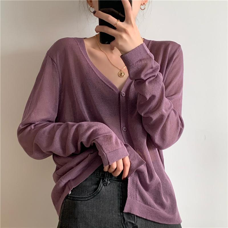 Mode Sommer Langarm Strickjacken Dünne Gestrickte Sonnenschutz Shirt V-ausschnitt Strick Hemd Frauen Tops Shirts JJ16
