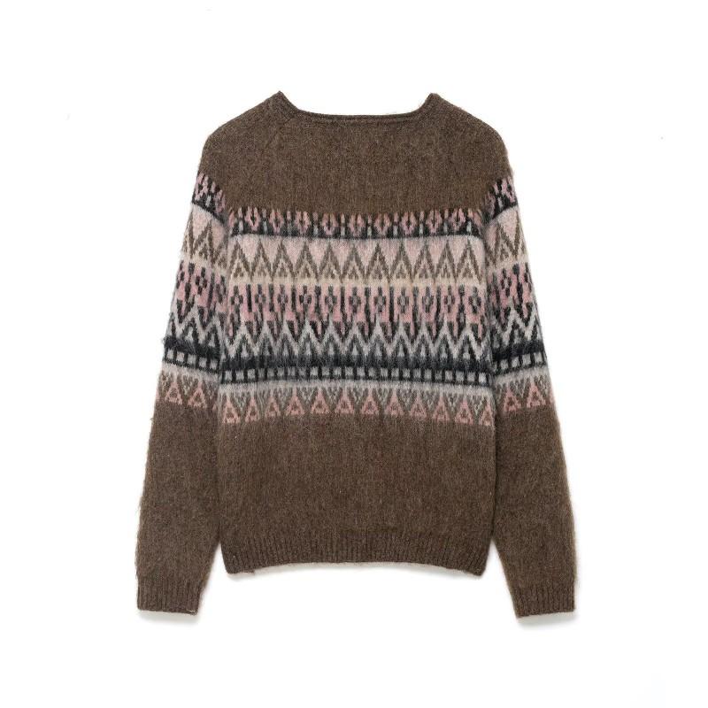 Womens Casual Knit Sweater With Jacquard Relaxed Fit Round Neck Long Sleeve 2025