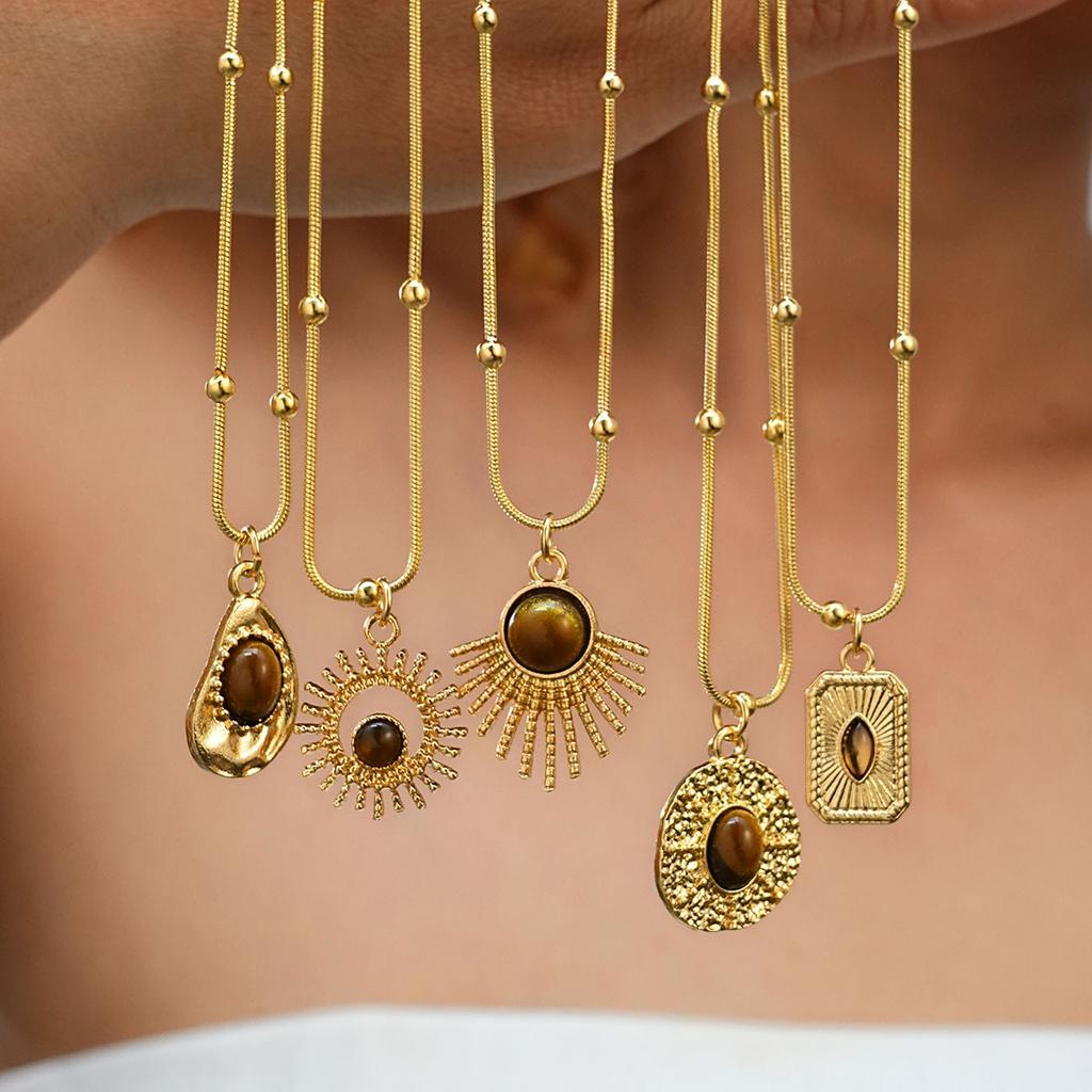 iF ME 5PCS Vintage Brown Opal Pendant Necklaces for Women Maillard Gold Color Metal Geometric Choker Necklaces Y2K Jewelry Accessories