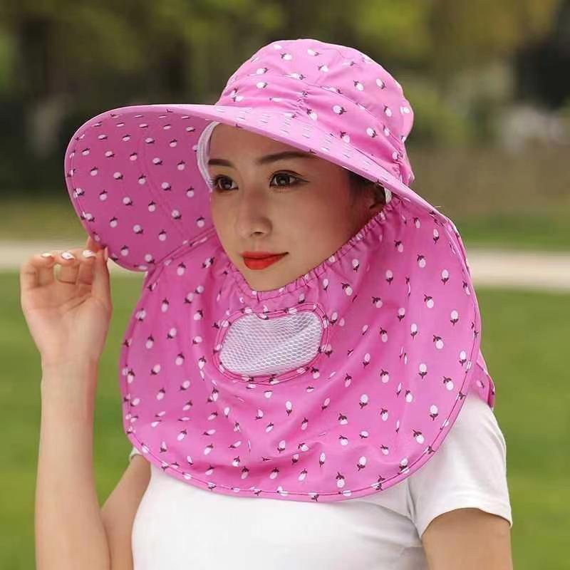 Summer sun hat women's sun protection face covering shawl hat riding face protection big eaves hat mask tea picking hat small cherry can be folded