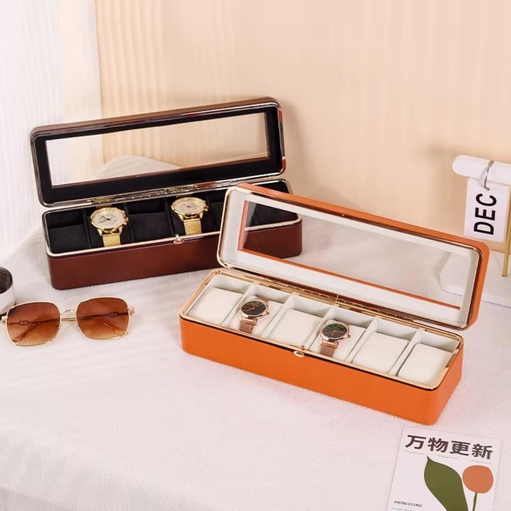 Neue PU-Leder-Uhrenaufbewahrungsbox 6 Fächer Fenster Sichtfenster Uhren-Displaybox Transparenter Deckel Weiches Innenfutter Uhrenhalter