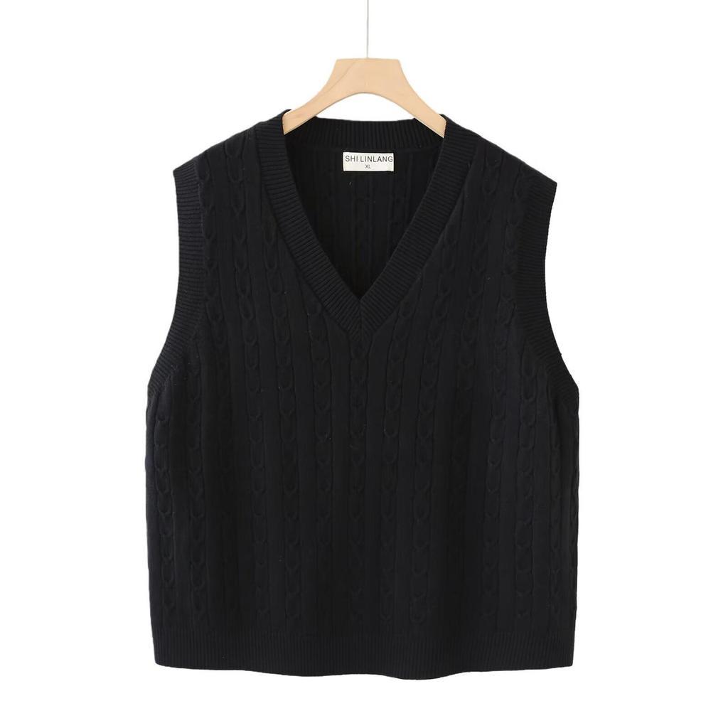 2026 Spring Korean V-neck Cable Knit Vest: Women's Plus Size Sleeveless College Style Layering Tank Top Shrug