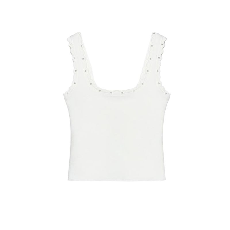 Artificial Decorated Pearls Warp Knitted round Neck Top 5584210 Corrugated Decorative Layer High Waist Mini Skirt 5584208