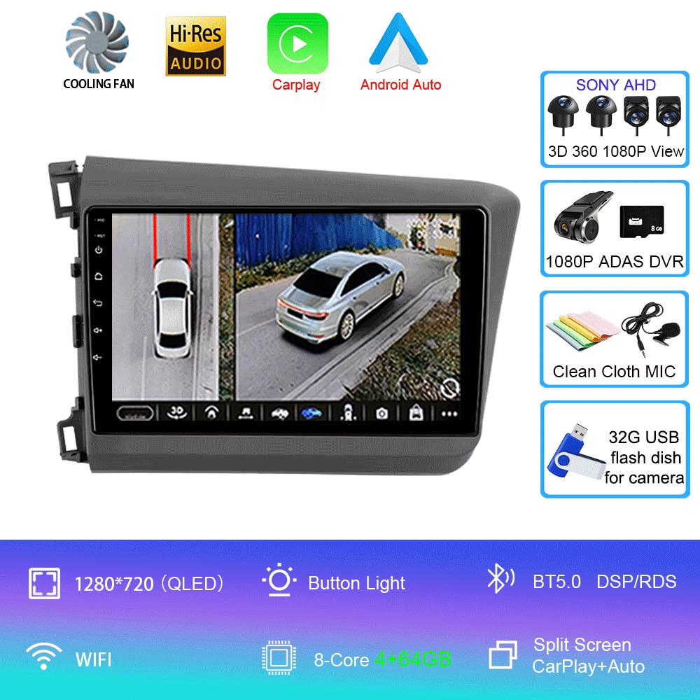 Car Radio Carplay Auto WIFI+4G For Honda Civic 2012 2013 2014 2015 Android 14 Multimedia Player Stereo GPS Head Unit No DVD 2Din