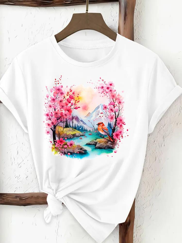 Sweet Flower 90s Print Trend Ladies Popular Casual Round Neck Women Fashion Graphic Short Sleeve T-shirts Fashion Clothing