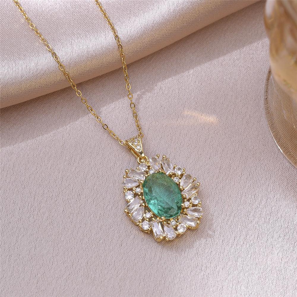 Colier cu pandantiv de lux pentru femei, cu piatră albă și verde de cristal, culoare aurie vintage, pentru nuntă, pentru femei