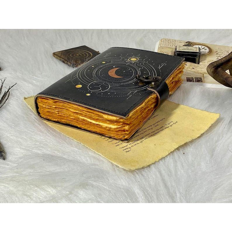 Sun and Moon Leather Notebook Spell Book Handstitched Journal Grimoire Journal Handmade Journal With Deckle Edge Paper Gifts For Him Her