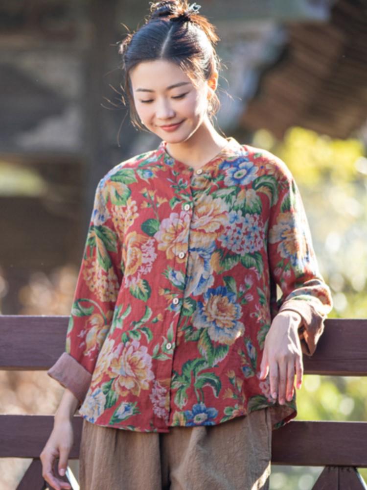 Johnature Damen Vintage Print Frühling Hemden Stehkragen Langarm Baumwolle Oberteile Chinesischer Stil Weiche Damen Knöpfe Hemden