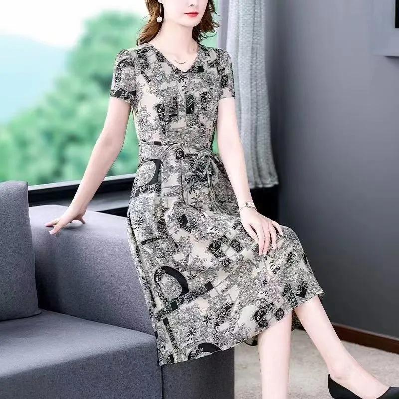 Female Faux Ice Silk Dress Summer New Tie Short-sleeved Dress Printed Thin Show Young V-neck Foreign-style Loose Dresses