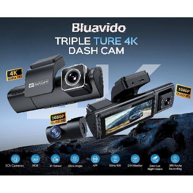 4K Triple Dash Cam GPS Front Inside and Rear 3CHs WiFi Car Camera with APP Control Night Vision 24H Parking Mode Loop Recording