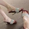 French Beautiful One-word Sandals Women's Summer Wear 2025 New Rhinestone with Suede Temperament High-heeled Cool Slippers