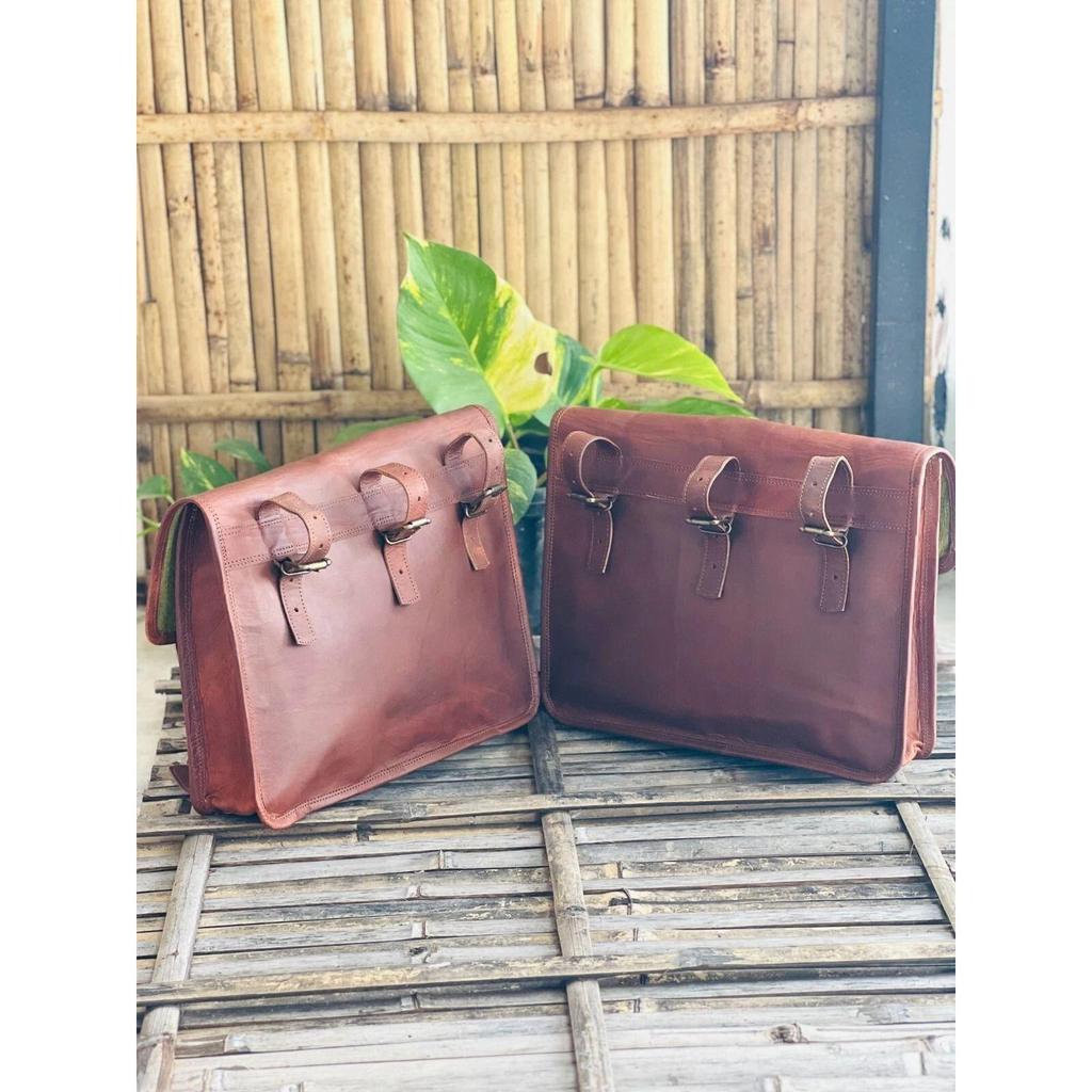 Leather Motorcycle Saddle Bags Brown Pouch Side Panniers Real Two
