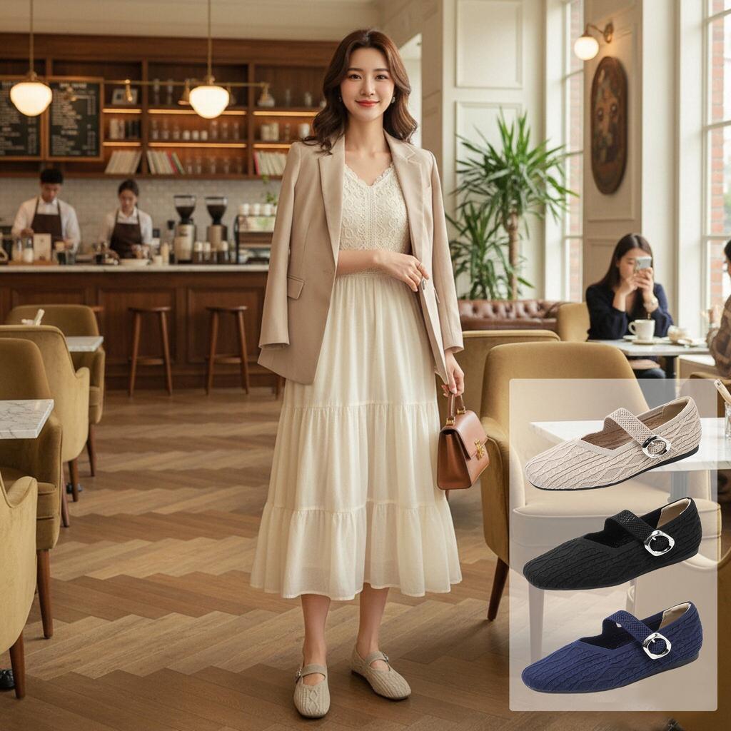 Mary Jane Shoes for Women Square Toe Walking Shoes Casual Non-Slip Ballet Flats with Ankle Strap Women's Comfortable Mary Jane Flat Shoes Dressy Shoes