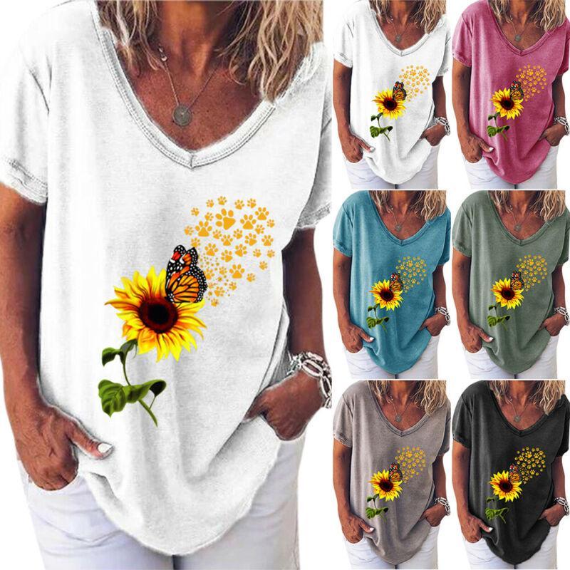 Женщины V-Neck подсолнечника щенок Лапа Fun Цветочные короткие рукава Loose Футболка Топы Плюс Размер – купить по низким ценам в интернет-магазине Joom