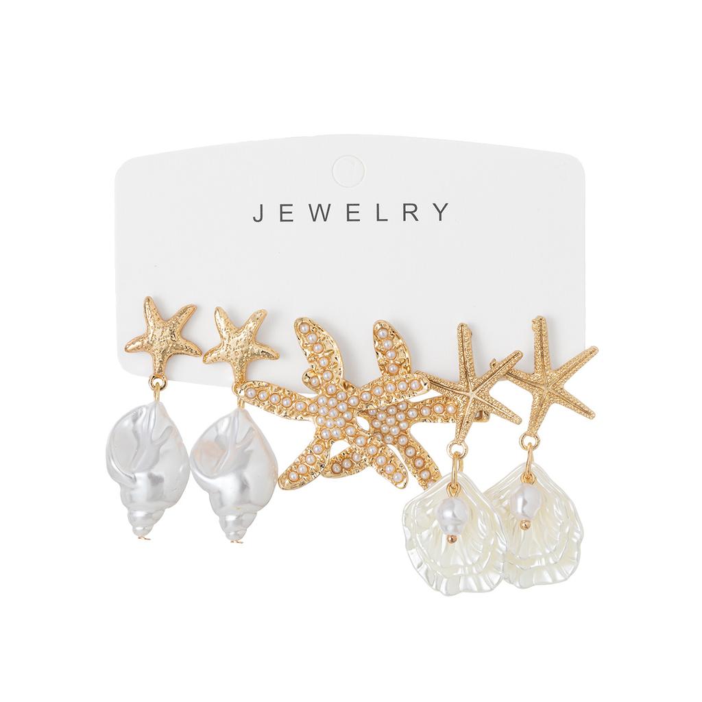 Seaside Resort Style 3 Pairs Starfish & Shell Earrings, Pearl Conch Jewelry, Niche Design Light Luxury Drop Earrings for Women