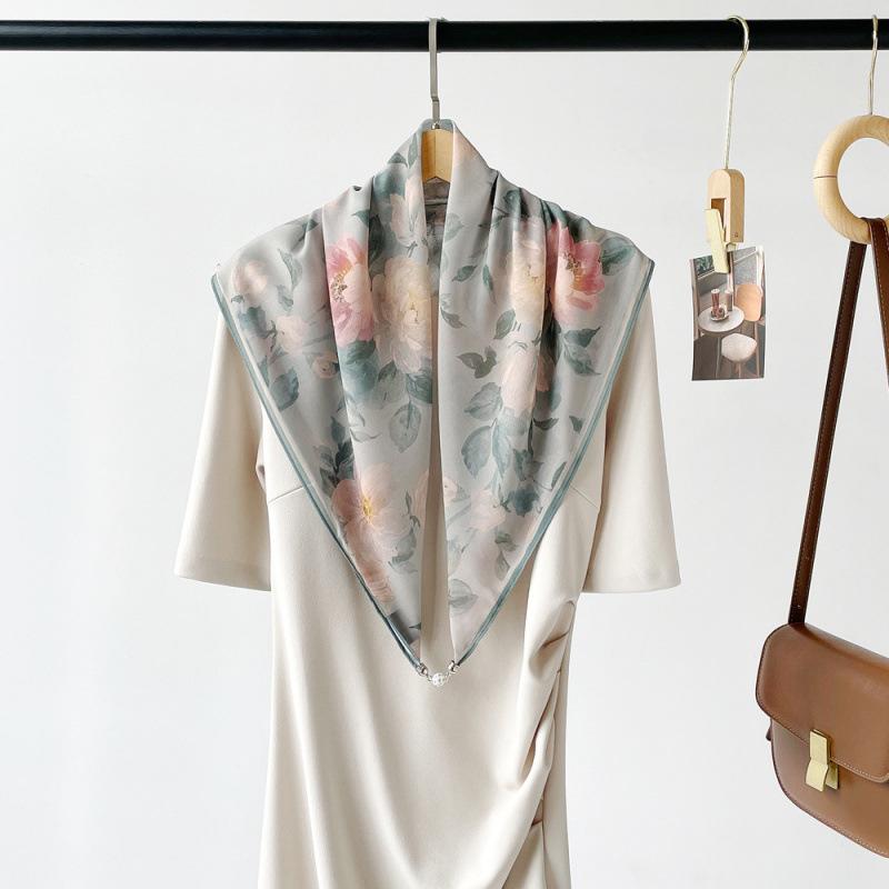 Potato Shiny National Style Silk Scarf Magnetic Buckle Necklace Pendant Square Scarf Neck Scarf Shawl Dual-purpose Sunscreen Scarf