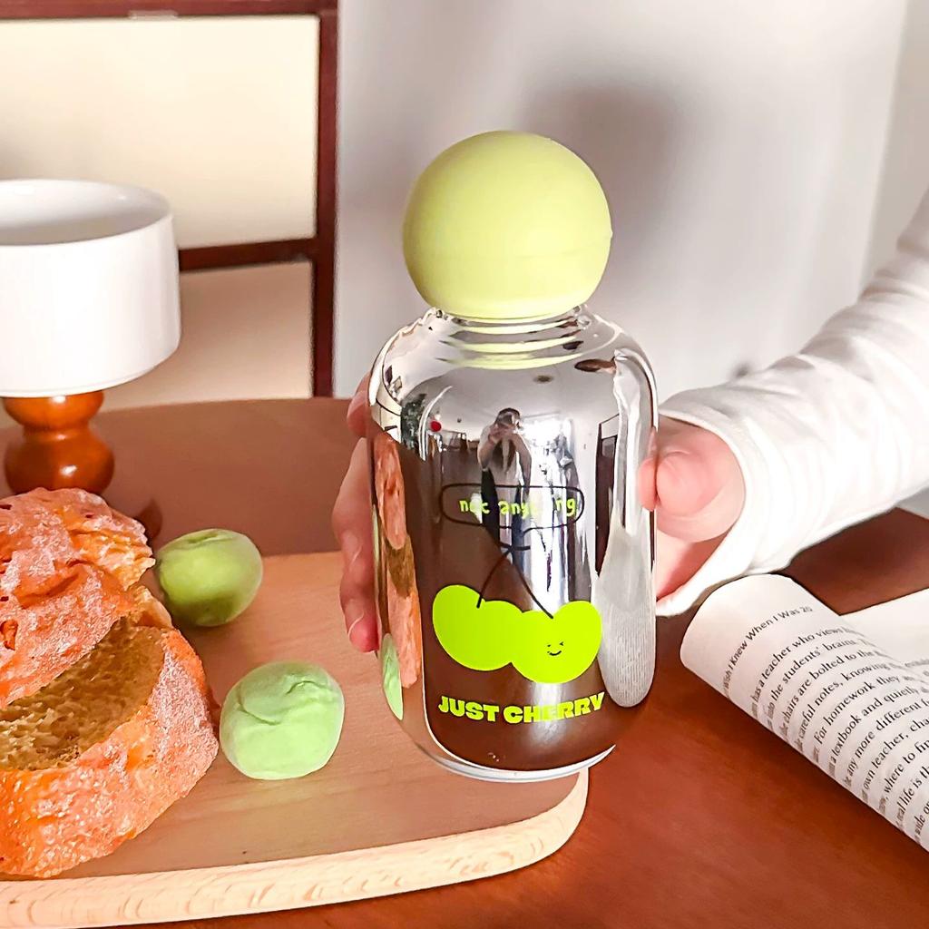 Cute Cherry Glass Cup Mirror Glass Bottle for Coffee Juice Matcha Tea Glass Portable Leak-proof Woman Glass Tumbler Water Bottle