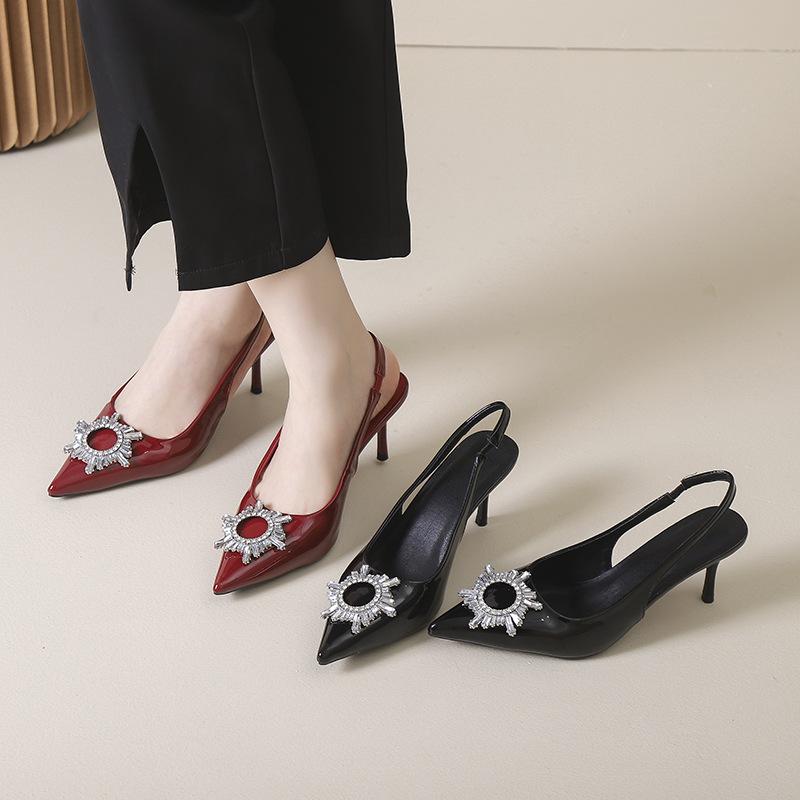 2025 spring new pointed thin heel patent leather bag head sandals temperament shallow mouth single shoes rhinestone pointed women's high heels