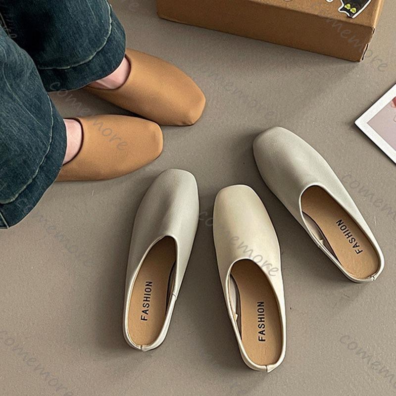 Fashion Comemore Retro Square Head Baotou Half Slippers Female Spring Summer Outside Wear Soft Leather Casual Solid Flat Mules Slides