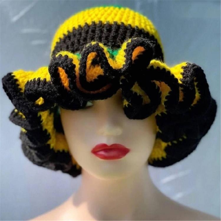 Handcrochet Bucket Hat for Women with Patchwork Ruffle Trim Elegant Fisherman Hat Photography Travel Floppy Bucket Hat