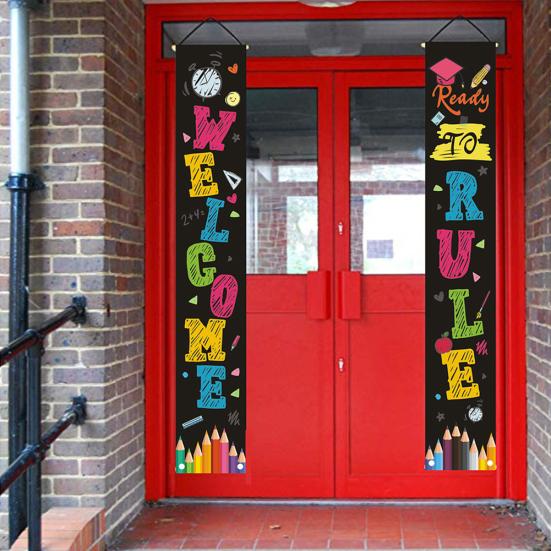 2Pcs Back To School Colorful Welcome Couplet Banner Door Wall Hanging Sign Flag