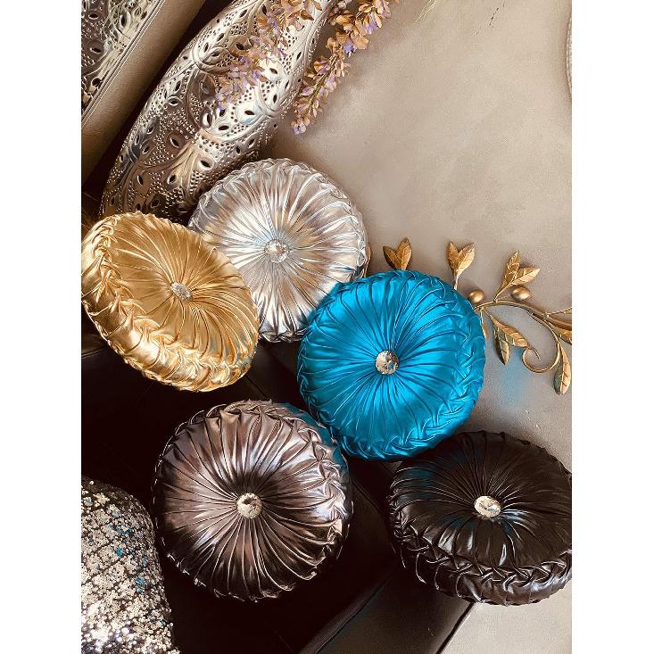 Tresshouse European Round Throw Pillows, Soft Spandex Fabric Pumpkin Pleated Handmade Metallic Accent Circle Insert Cushion Diamond To Enhance for