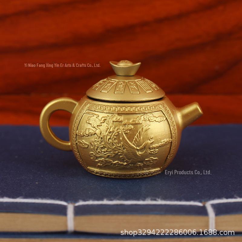 Brass Handle Rotating Dragon and Phoenix Mini Teapot for Mahjong Copper Crafts Gift