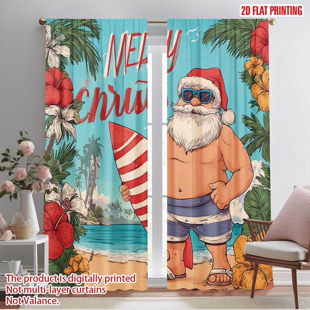 

2pcs,2D plane printing Curtain Popular Tropical Beach Santa with Surfboard and Palm Tree Durable Polyester (without rod) Gifts 52.50×116.00 CM 2pcs