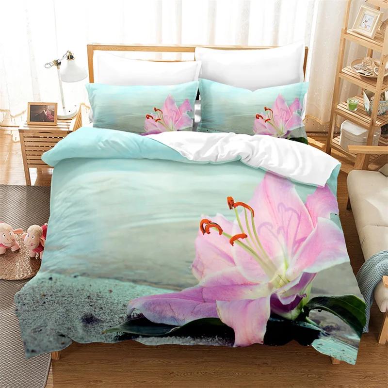 Lily Duvet Cover Set for Single Double Bed Pink Flower Quilt Cover King Size Bedding Set 2PCS 3PCS with Pillowcase Full Twin New